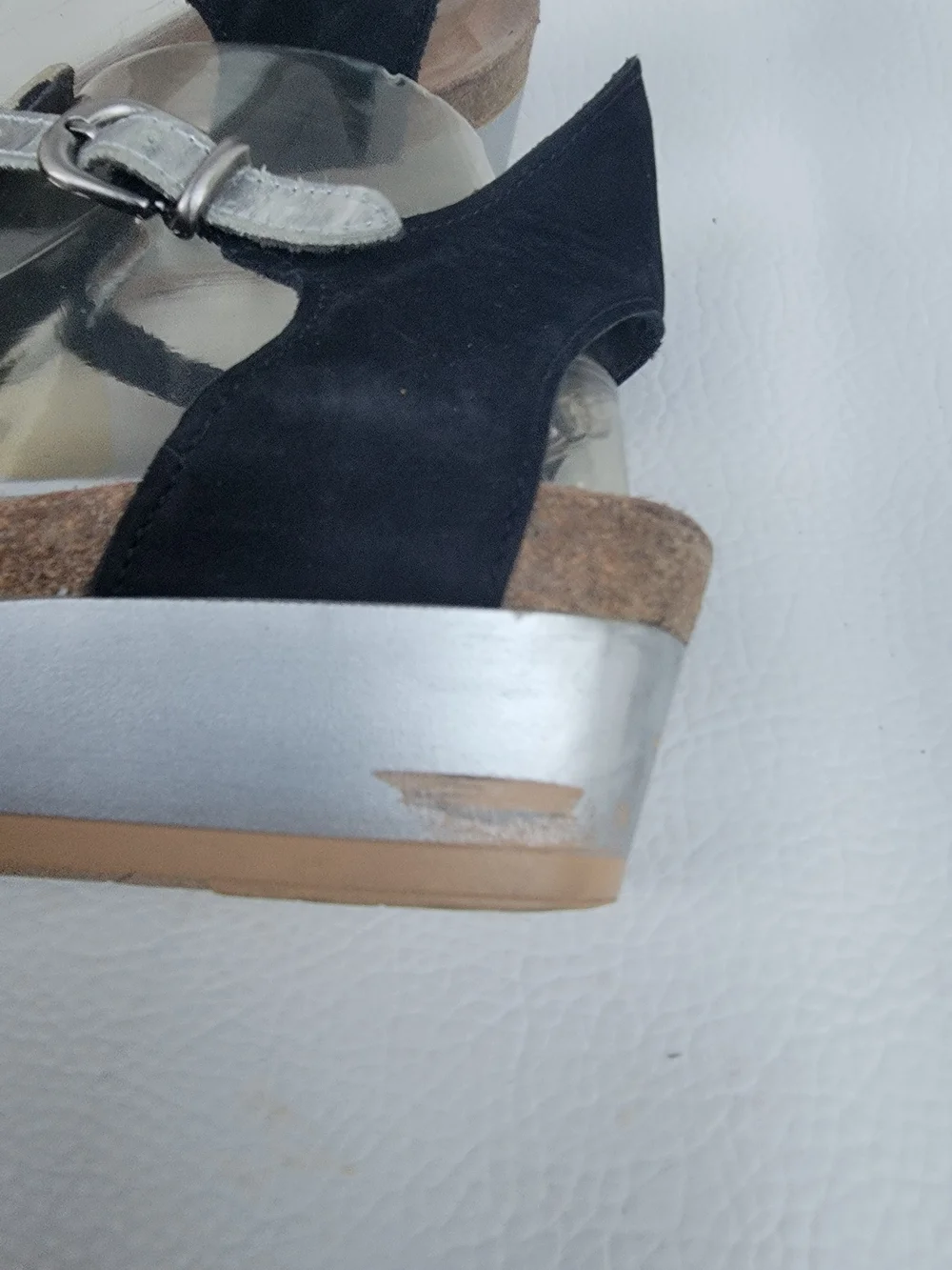 Naot Black and Beige Suede T-Strap Wedge Sandals